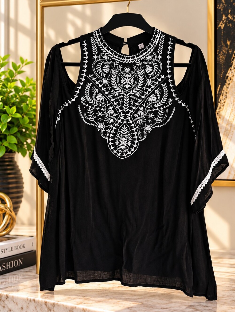 XHILARATION Black/Ivory Embroidered Boho Blouse (L)